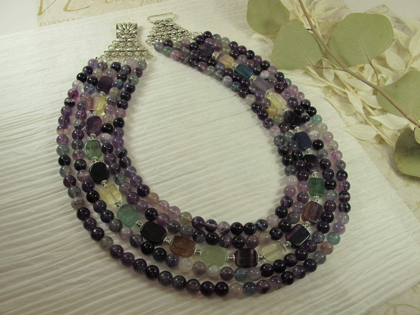 Statement fluorite gemstone necklace, multi strand statement purple necklace, amethyst necklace, rainbow gemstone, amethyst statement
