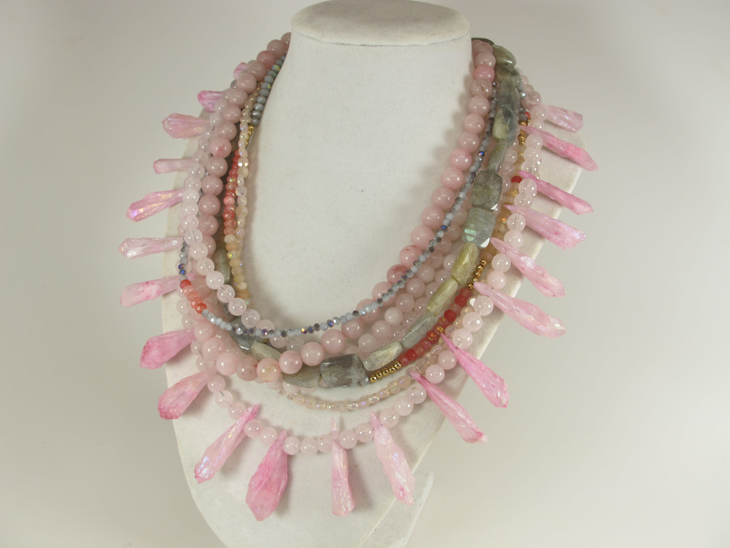 Chunky pale pink quartz gemstone necklace, statement rose quartz pearl necklace, light pink, rose quartz stone necklace, multistrand pin