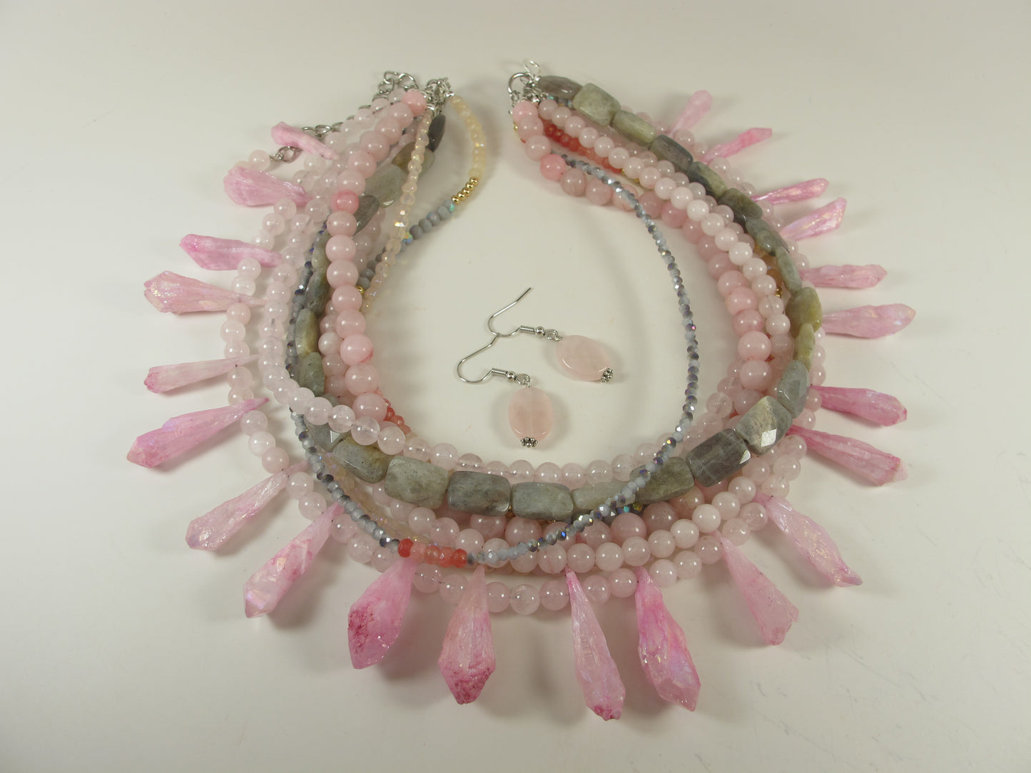 Chunky pale pink quartz gemstone necklace, statement rose quartz pearl necklace, light pink, rose quartz stone necklace, multistrand pin