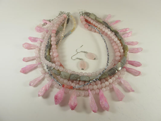 Chunky pale pink quartz gemstone necklace, statement rose quartz pearl necklace, light pink, rose quartz stone necklace, multistrand pin