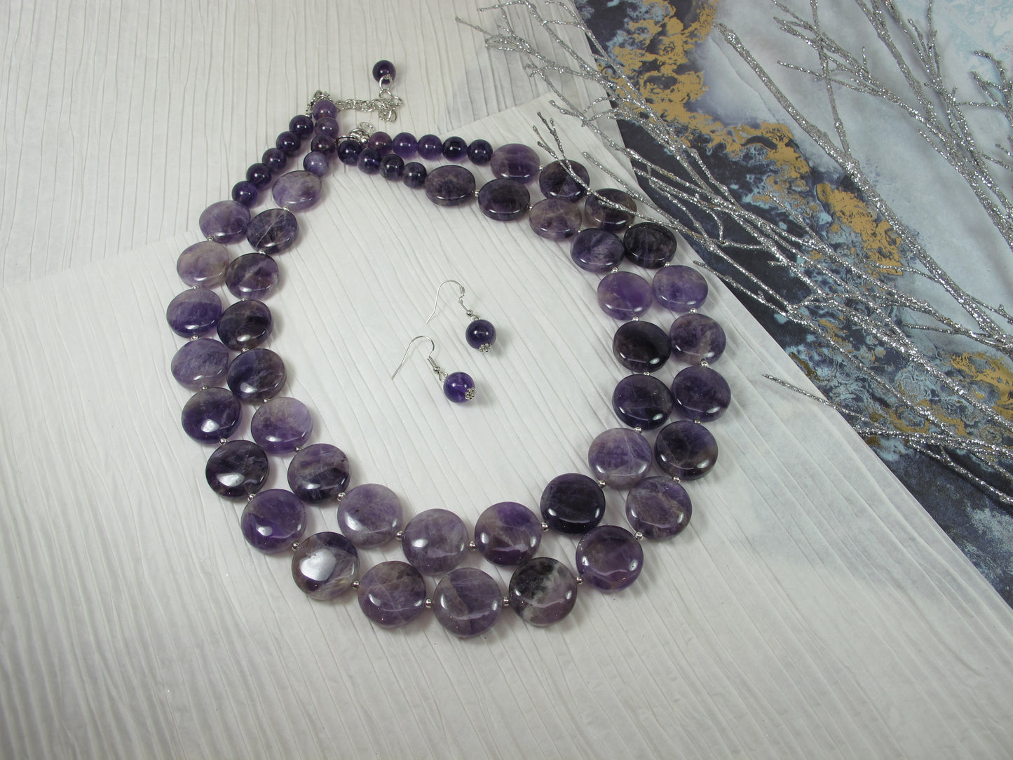 Chunky amethyst statement necklace,multi strand statement purple necklace, beaded necklace, big violet beads, amethyst statement jewelry