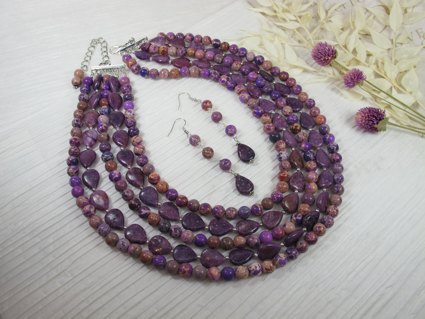 Chunky amethyst jasper statement necklace, multi strand statement purple necklace, beaded necklace, big violet beads, amethyst statement jewelry, BEST SELLER Spring 2024 Fashion