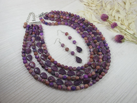 Chunky amethyst jasper statement necklace, multi strand statement purple necklace, beaded necklace, big violet beads, amethyst statement jewelry, BEST SELLER Spring 2024 Fashion