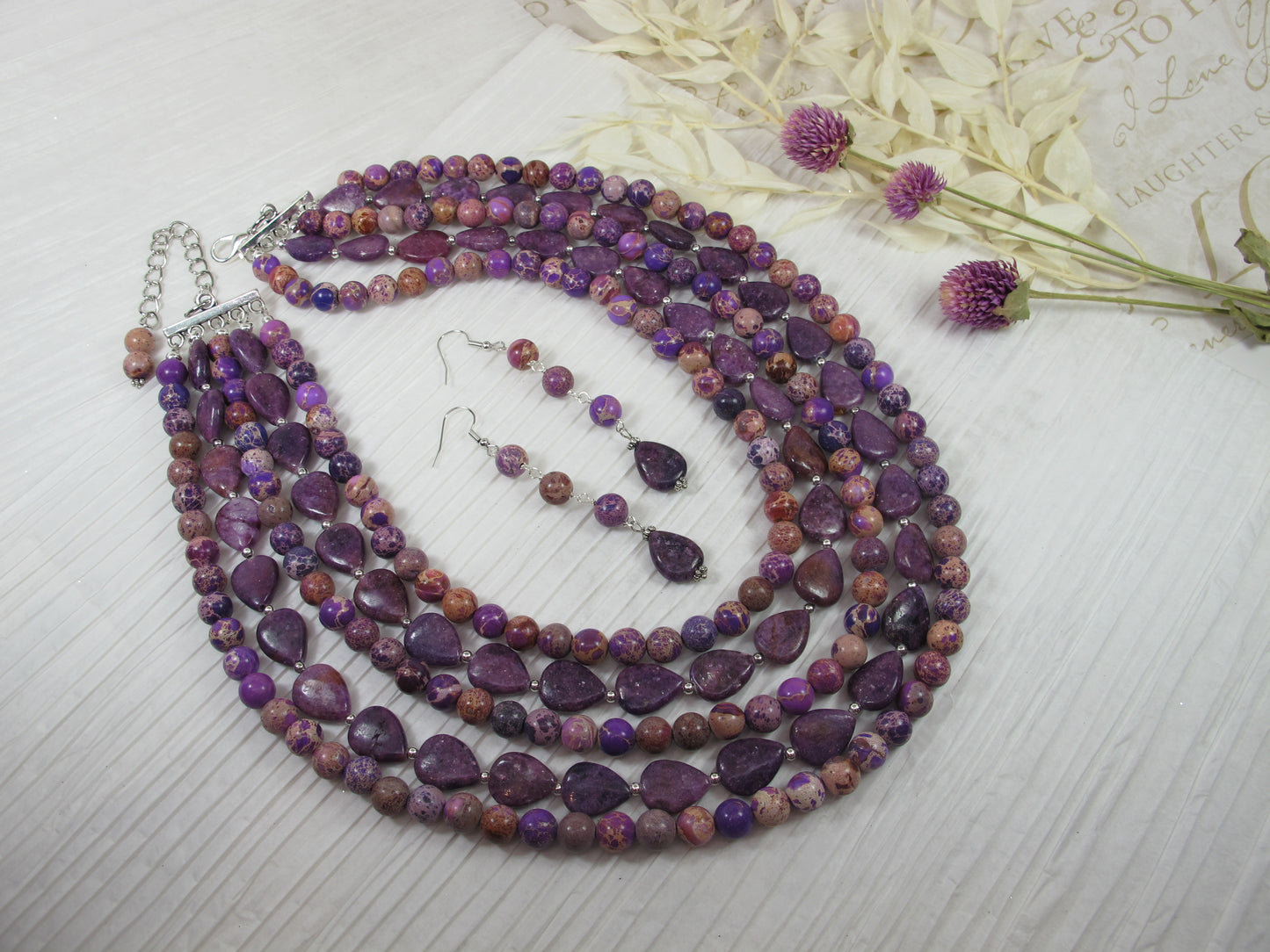 Chunky amethyst jasper statement necklace, multi strand statement purple necklace, beaded necklace, big violet beads, amethyst statement jewelry, BEST SELLER Spring 2024 Fashion