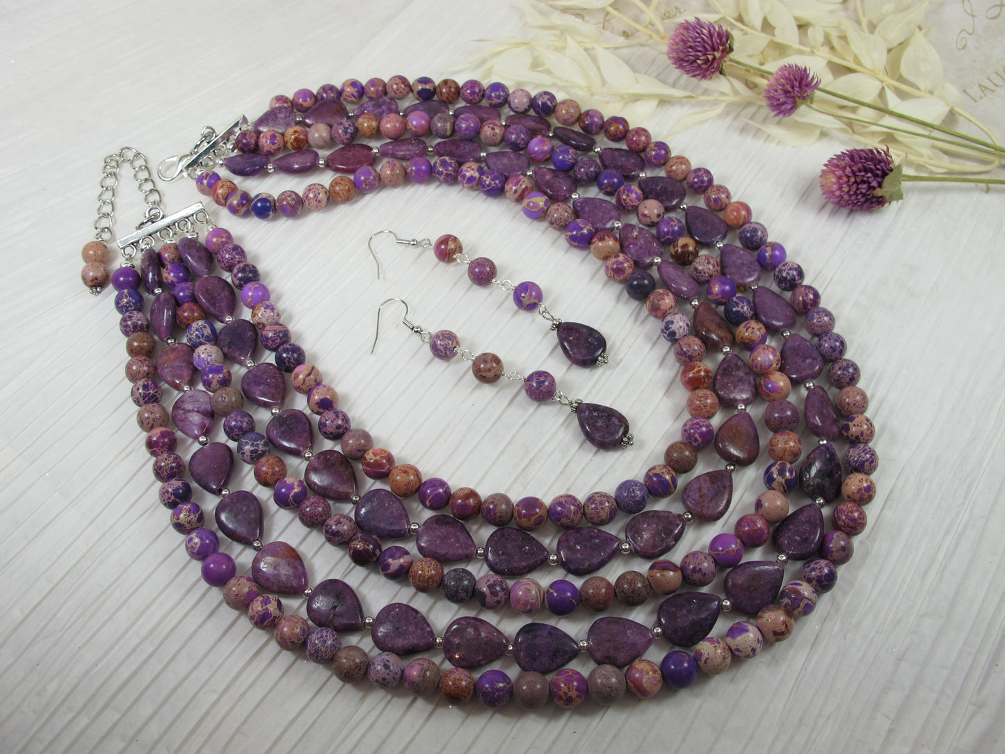 Chunky amethyst jasper statement necklace, multi strand statement purple necklace, beaded necklace, big violet beads, amethyst statement jewelry, BEST SELLER Spring 2024 Fashion