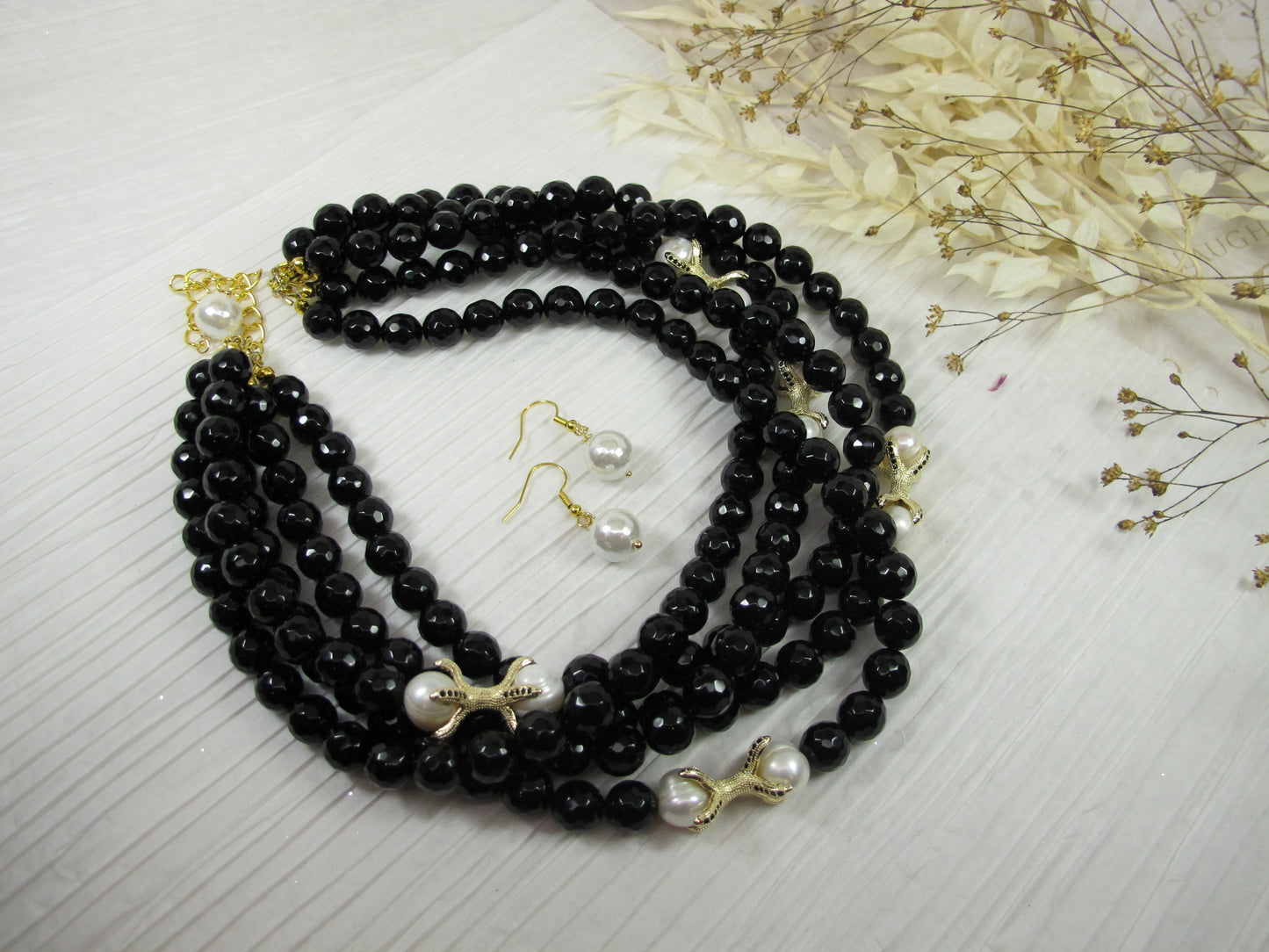 Black agate and white pearl, black and white beaded multi strand Necklace, black obsidian necklace, black and white statement, gemstone necklace