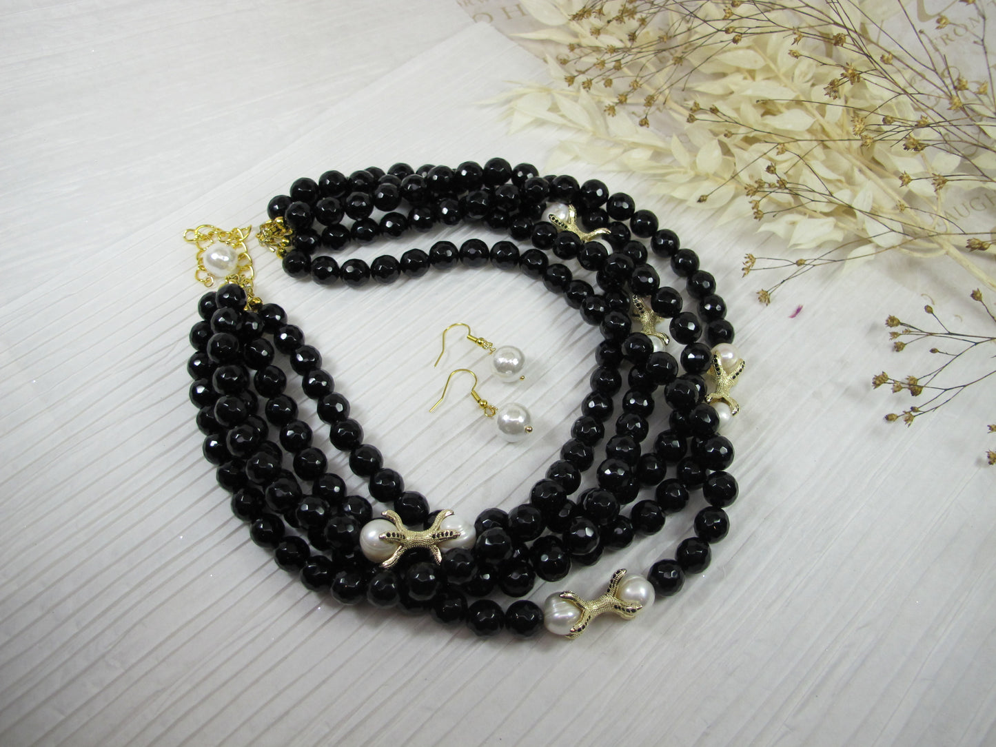 Black agate and white pearl, black and white beaded multi strand Necklace, black obsidian necklace, black and white statement, gemstone necklace