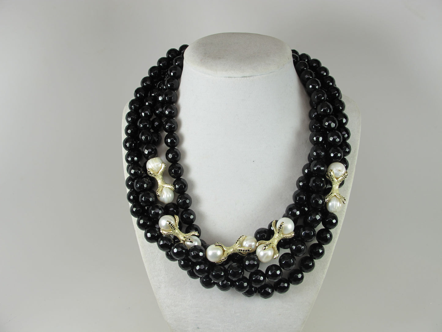 Black agate and white pearl, black and white beaded multi strand Necklace, black obsidian necklace, black and white statement, gemstone necklace