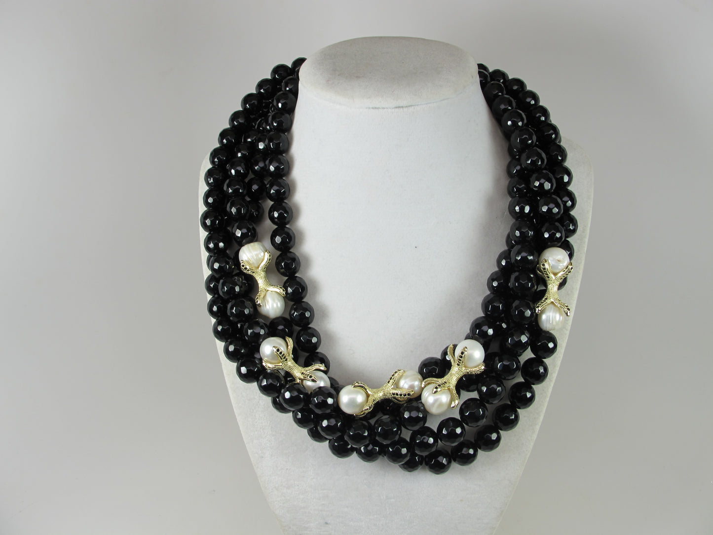 Black agate and white pearl, black and white beaded multi strand Necklace, black obsidian necklace, black and white statement, gemstone necklace