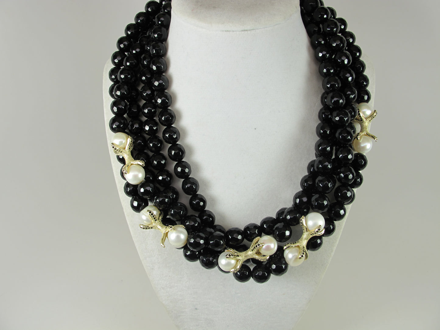 Black agate and white pearl, black and white beaded multi strand Necklace, black obsidian necklace, black and white statement, gemstone necklace