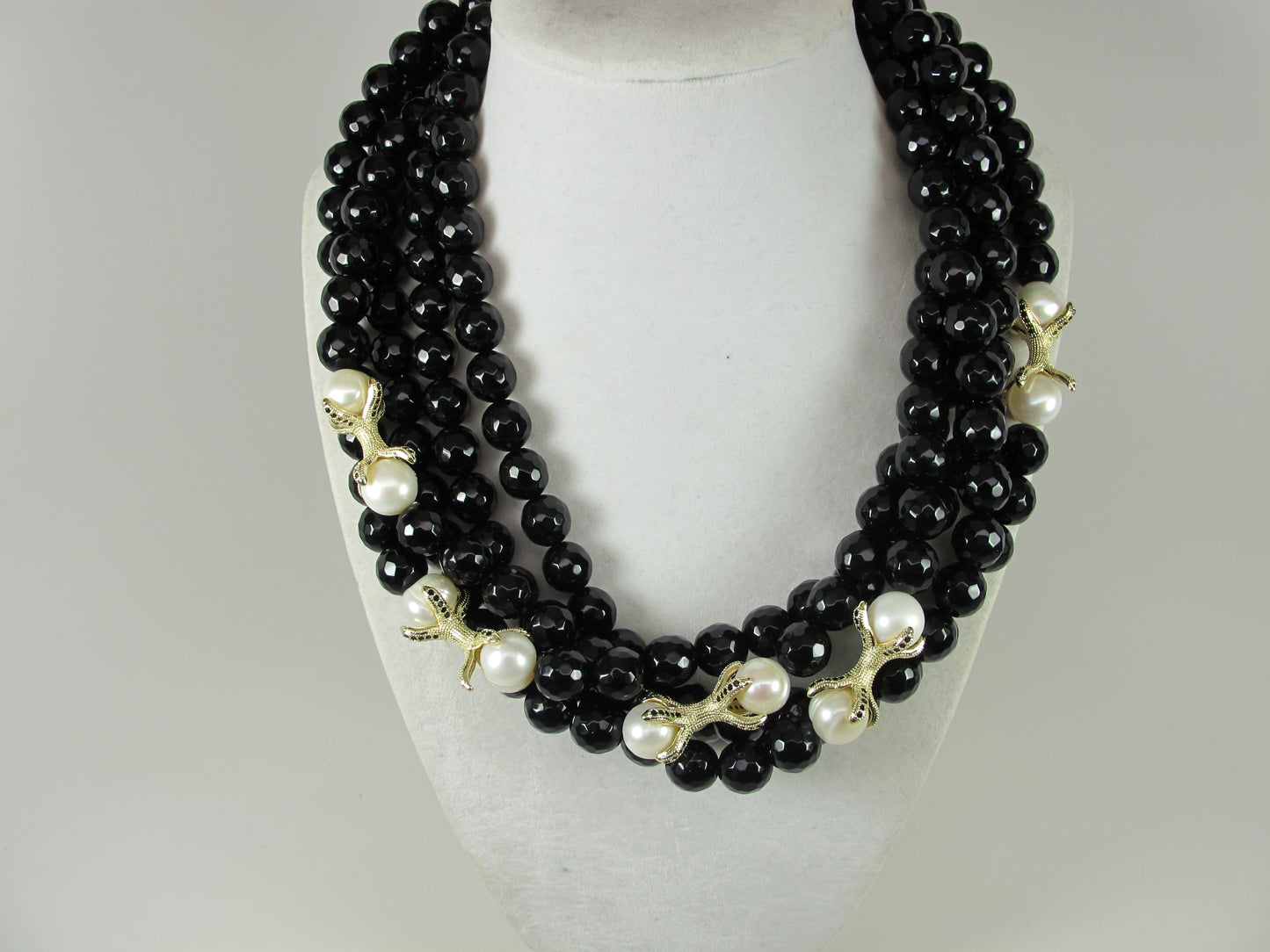 Black agate and white pearl, black and white beaded multi strand Necklace, black obsidian necklace, black and white statement, gemstone necklace