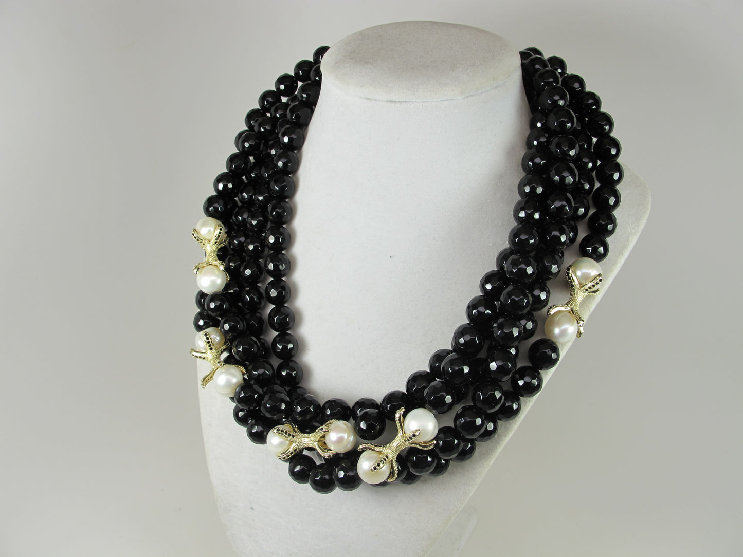 Black agate and white pearl, black and white beaded multi strand Necklace, black obsidian necklace, black and white statement, gemstone necklace