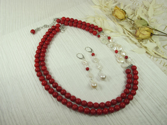 Chunky red turquoise and white baroque pearl necklace, double strand statement red turquoise necklace, stone necklace, red and white