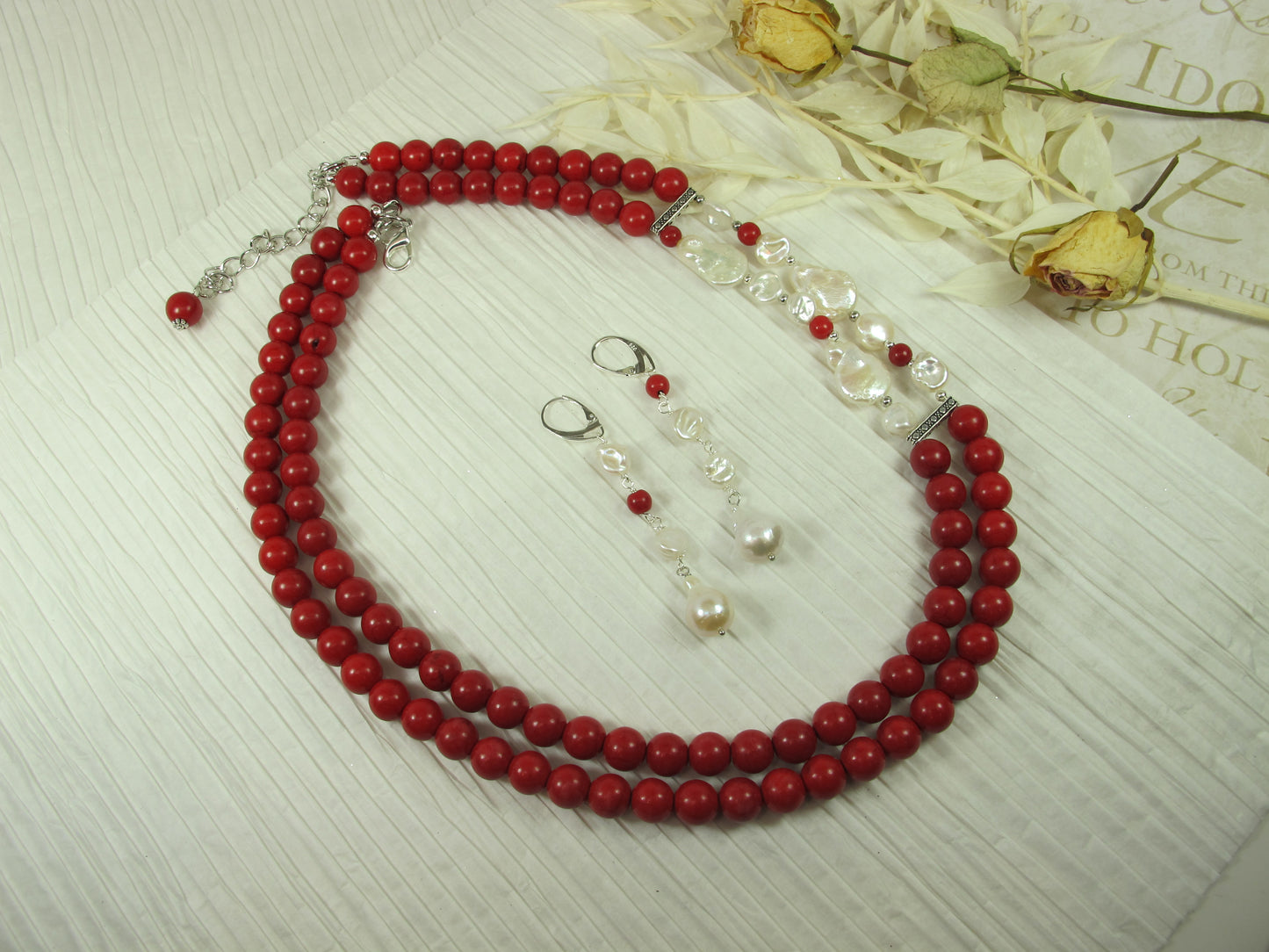 Chunky red turquoise and white baroque pearl necklace, double strand statement red turquoise necklace, stone necklace, red and white