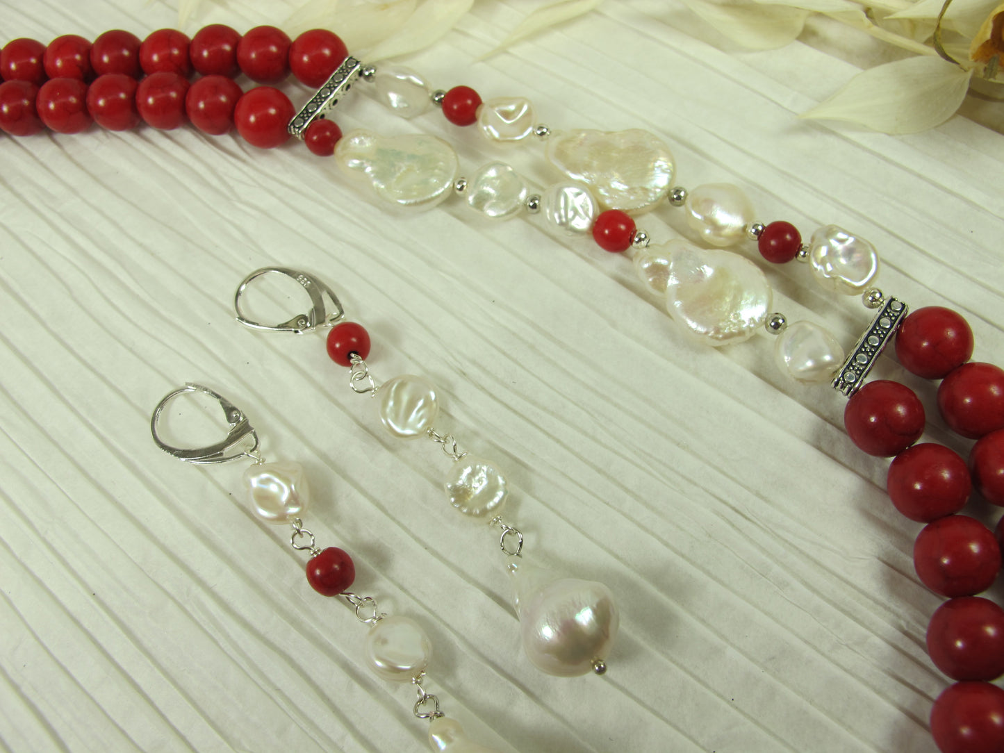Chunky red turquoise and white baroque pearl necklace, double strand statement red turquoise necklace, stone necklace, red and white