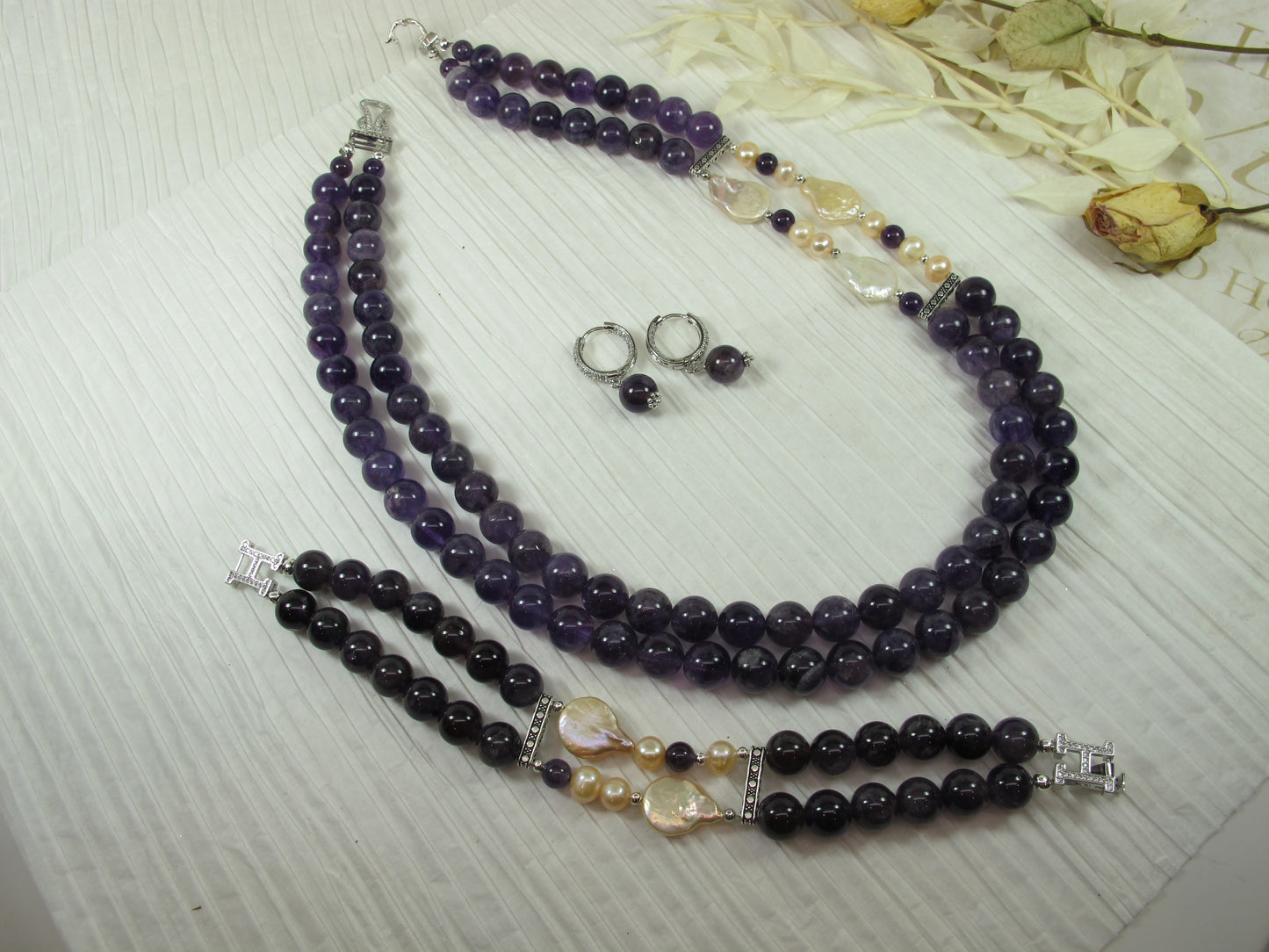 Chunky amethyst and baroque pearl statement necklace, multi strand statement purple necklace, beaded necklace, big violet beads, amethyst statement jewelry