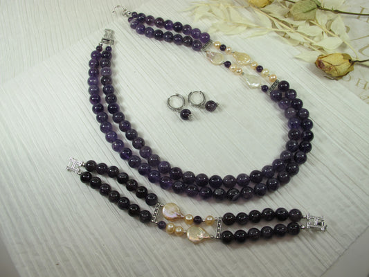 Chunky amethyst and baroque pearl statement necklace, multi strand statement purple  necklace, beaded necklace, big violet  beads, amethyst  statement jewelry