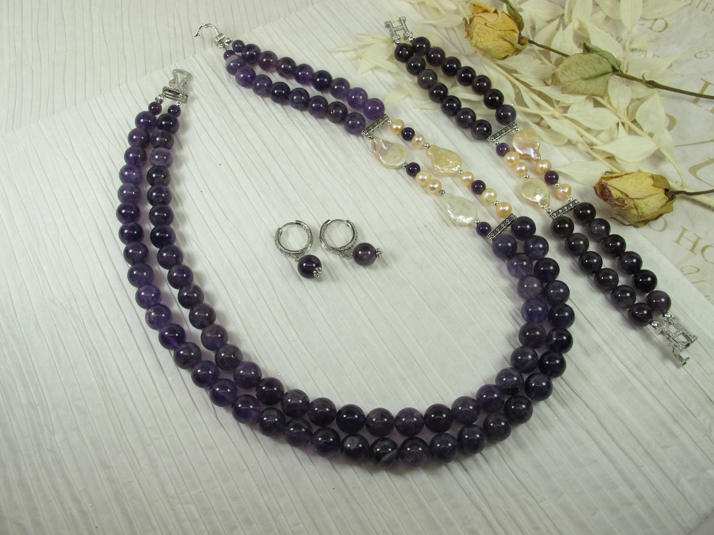 Chunky amethyst and baroque pearl statement necklace, multi strand statement purple necklace, beaded necklace, big violet beads, amethyst statement jewelry