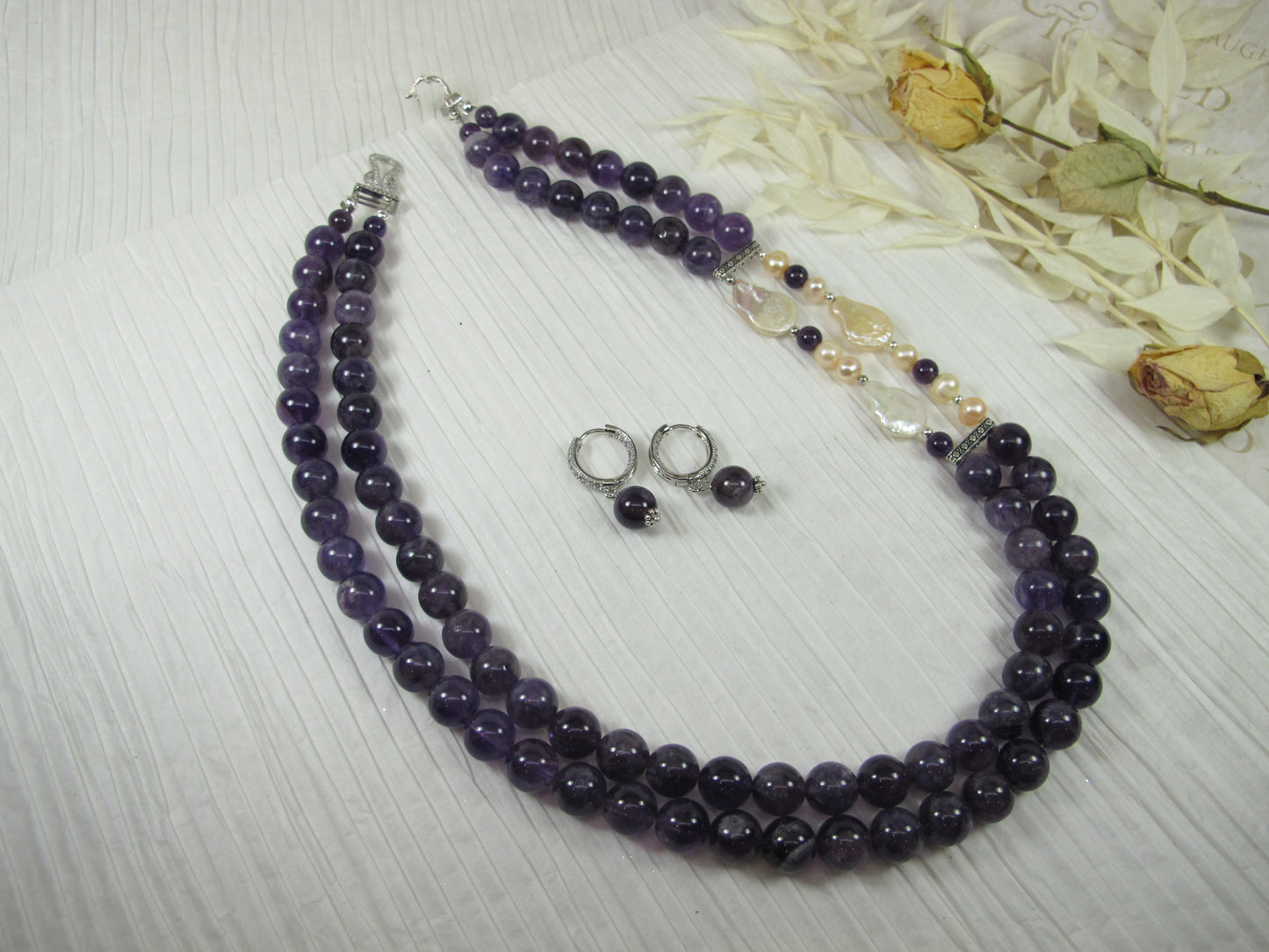 Chunky amethyst and baroque pearl statement necklace, multi strand statement purple necklace, beaded necklace, big violet beads, amethyst statement jewelry