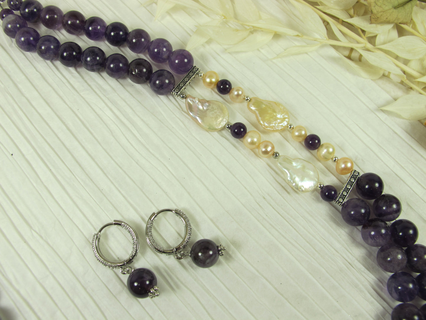 Chunky amethyst and baroque pearl statement necklace, multi strand statement purple necklace, beaded necklace, big violet beads, amethyst statement jewelry