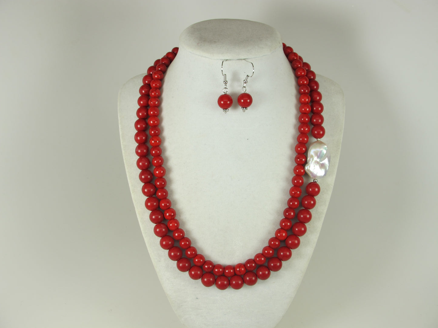 Chunky red turquoise and white baroque pearl necklace, double strand statement red turquoise necklace, stone necklace, red and white