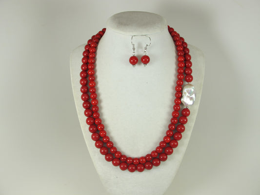 Chunky red turquoise and white baroque pearl necklace, double strand statement red turquoise necklace, stone necklace, red and white