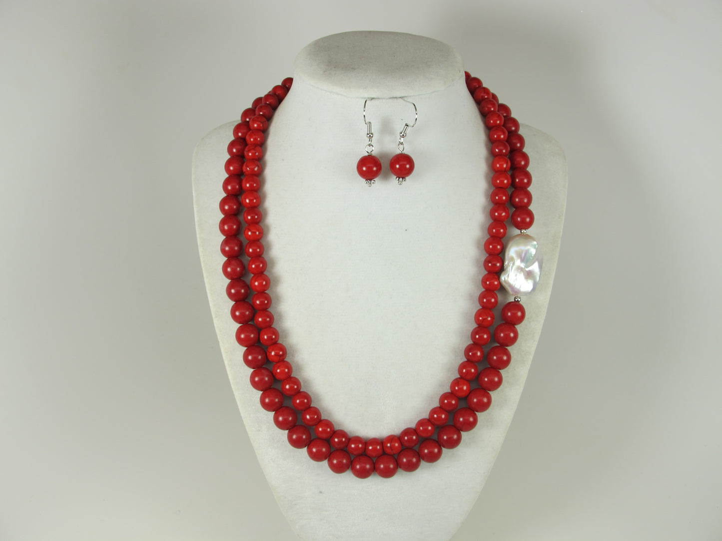 Chunky red turquoise and white baroque pearl necklace, double strand statement red turquoise necklace, stone necklace, red and white