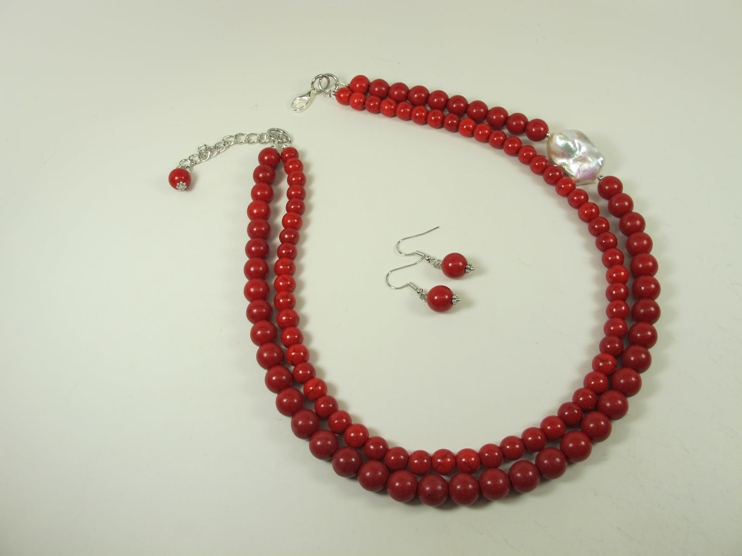 Chunky red turquoise and white baroque pearl necklace, double strand statement red turquoise necklace, stone necklace, red and white