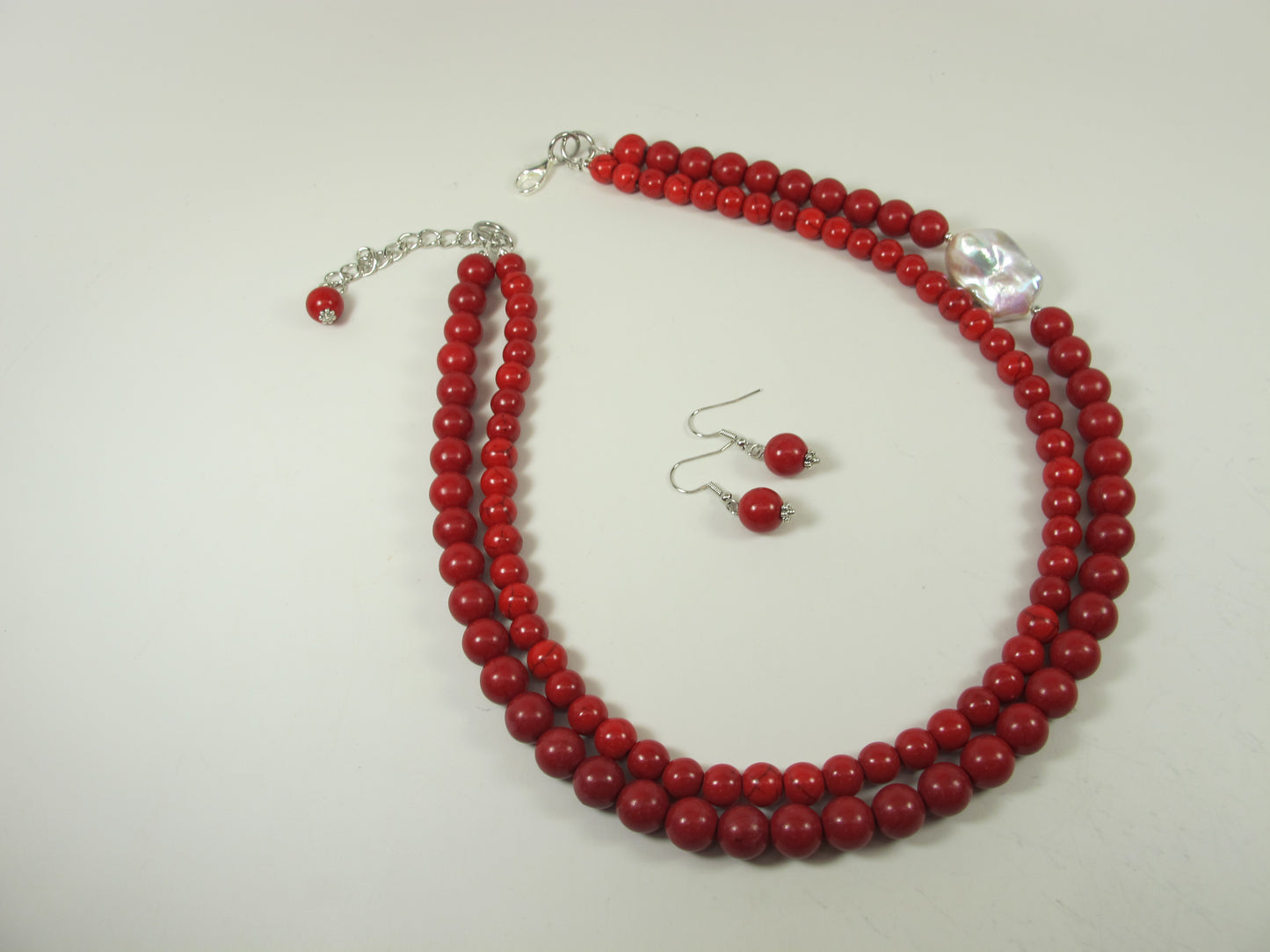 Chunky red turquoise and white baroque pearl necklace, double strand statement red turquoise necklace, stone necklace, red and white
