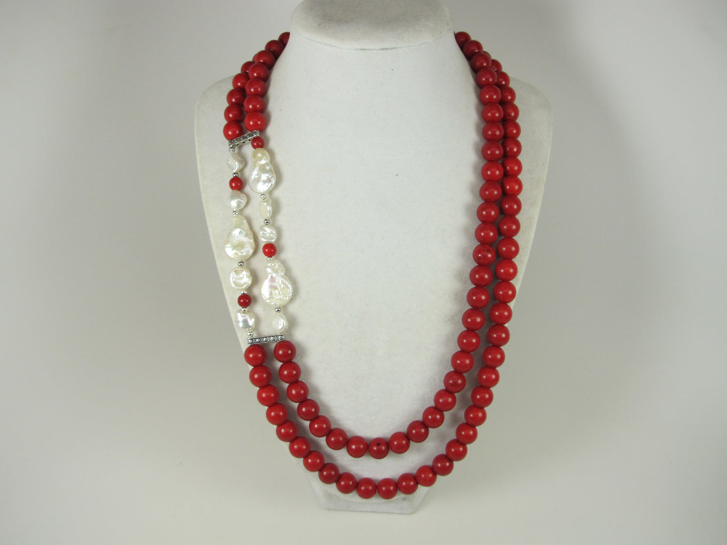 Chunky red turquoise and white baroque pearl necklace, double strand statement red turquoise necklace, stone necklace, red and white