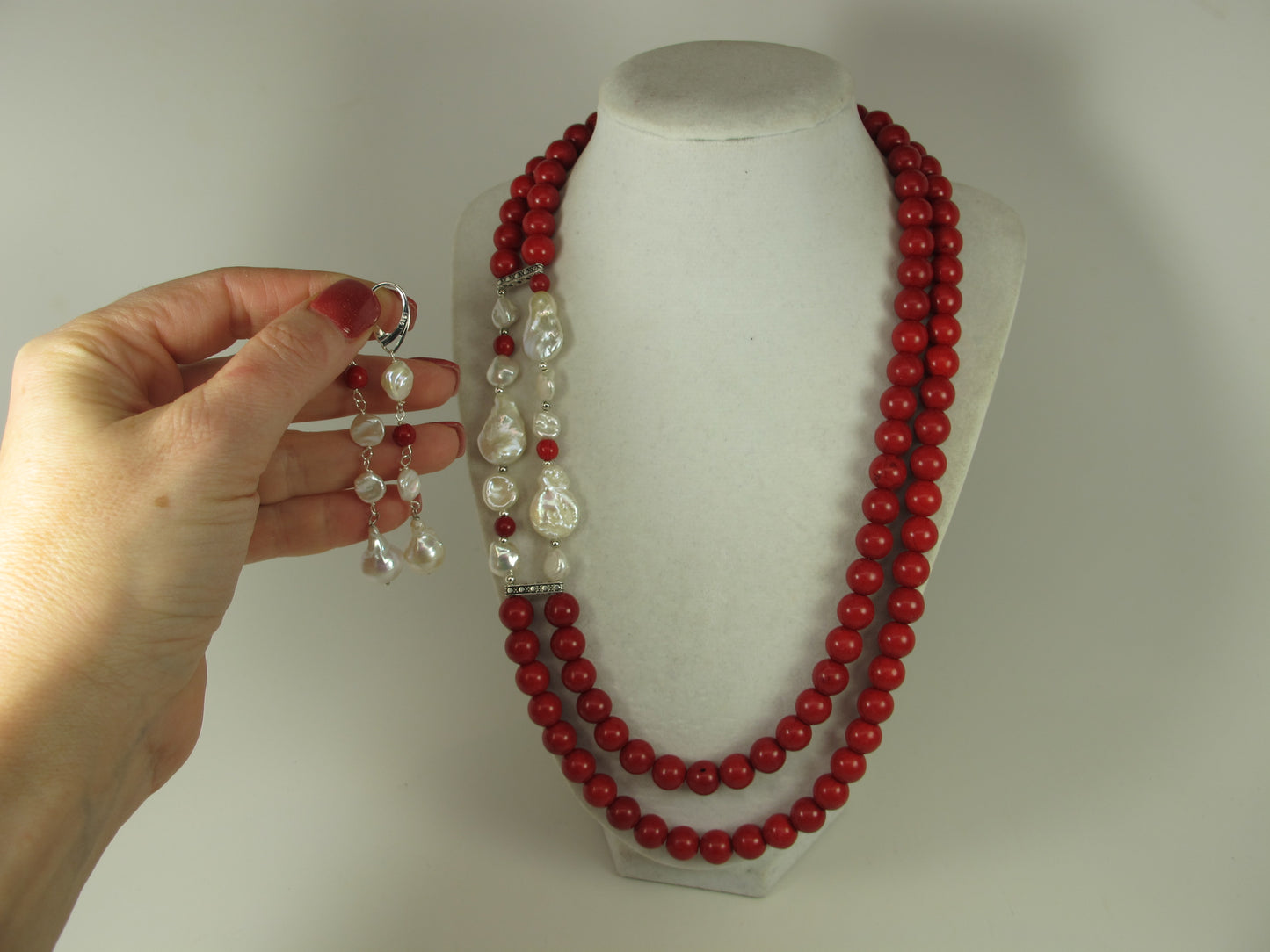 Chunky red turquoise and white baroque pearl necklace, double strand statement red turquoise necklace, stone necklace, red and white