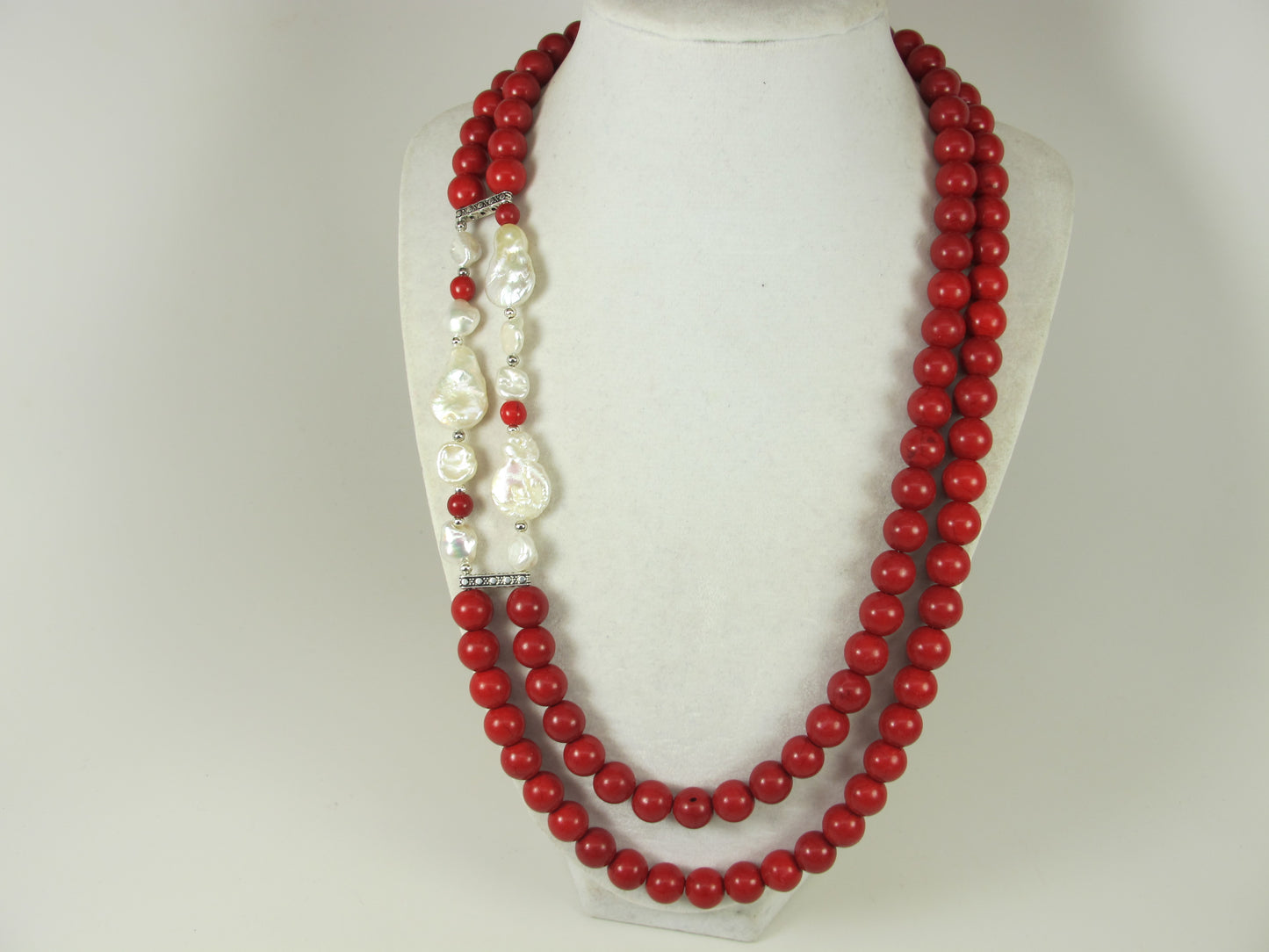 Chunky red turquoise and white baroque pearl necklace, double strand statement red turquoise necklace, stone necklace, red and white