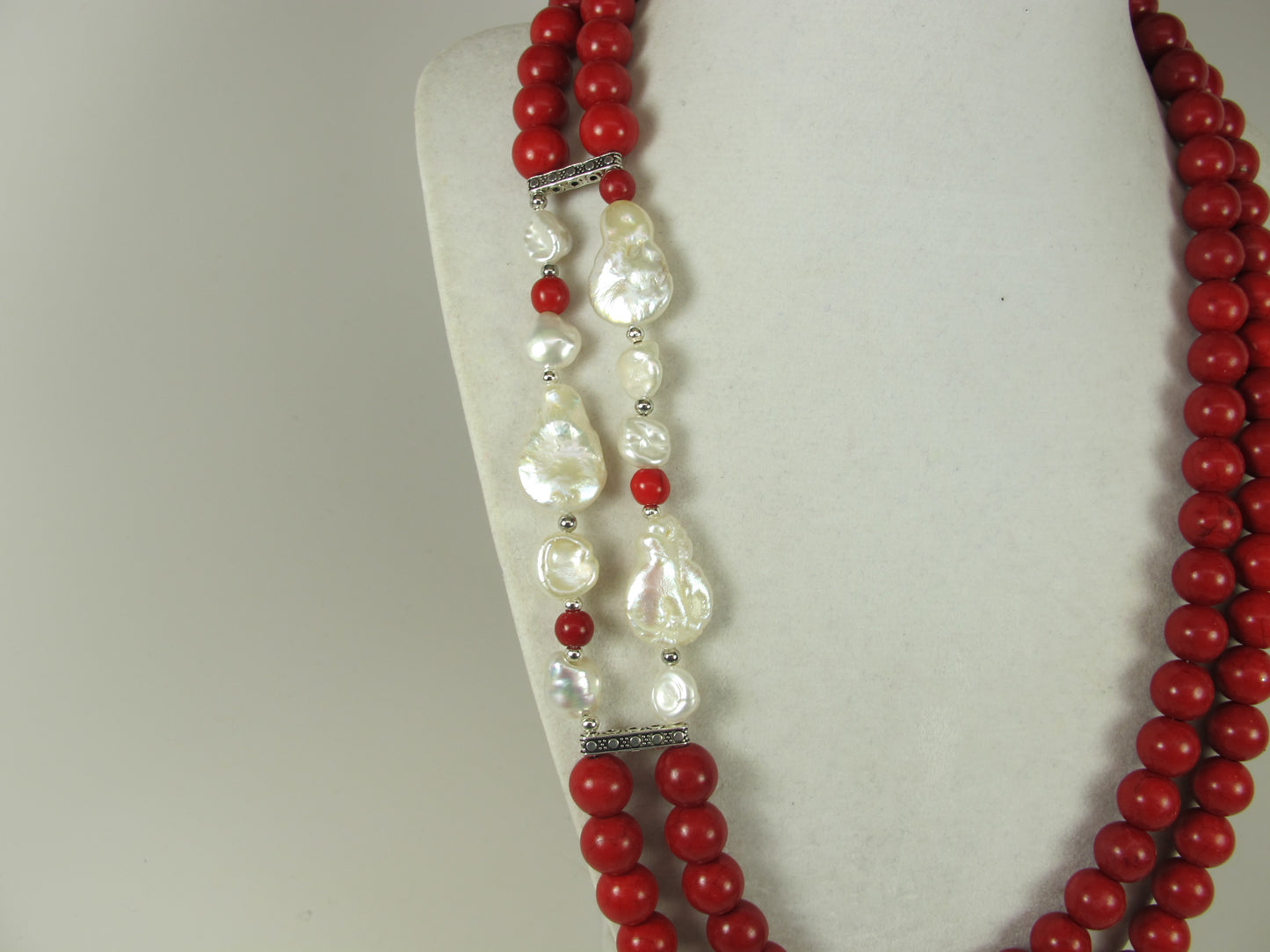 Chunky red turquoise and white baroque pearl necklace, double strand statement red turquoise necklace, stone necklace, red and white