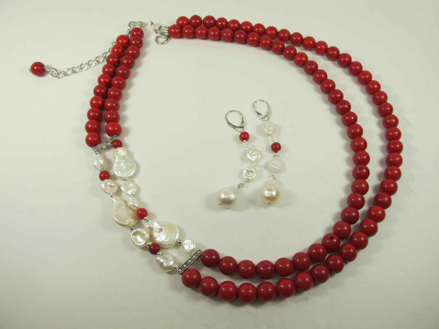 Chunky red turquoise and white baroque pearl necklace, double strand statement red turquoise necklace, stone necklace, red and white