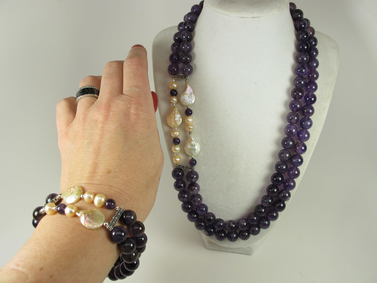 Chunky amethyst and baroque pearl statement necklace, multi strand statement purple necklace, beaded necklace, big violet beads, amethyst statement jewelry