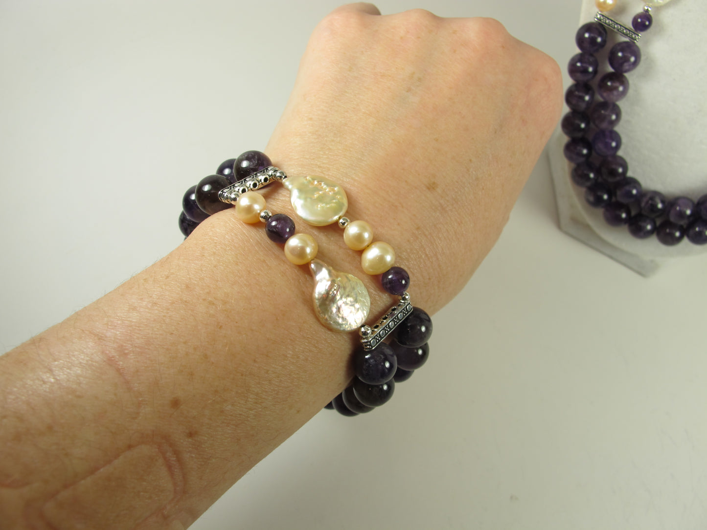 Chunky amethyst and baroque pearl statement necklace, multi strand statement purple necklace, beaded necklace, big violet beads, amethyst statement jewelry