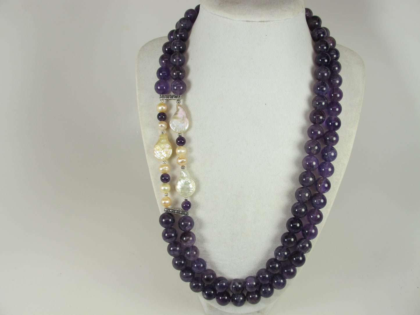 Chunky amethyst and baroque pearl statement necklace, multi strand statement purple necklace, beaded necklace, big violet beads, amethyst statement jewelry