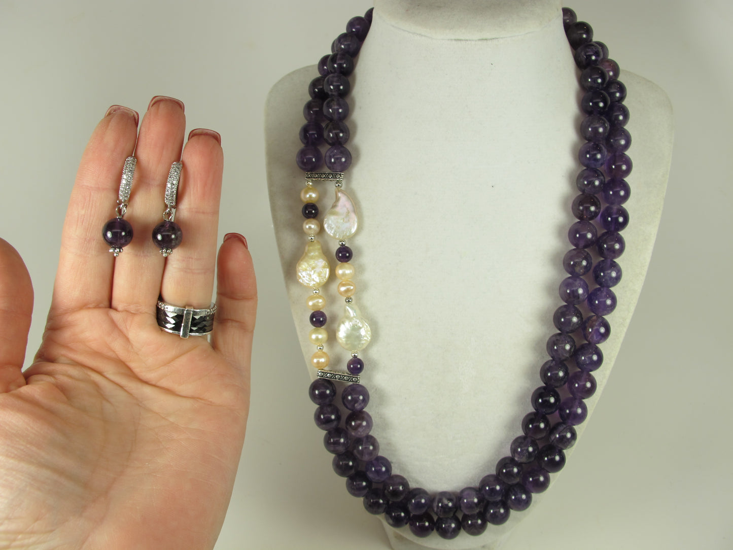 Chunky amethyst and baroque pearl statement necklace, multi strand statement purple necklace, beaded necklace, big violet beads, amethyst statement jewelry