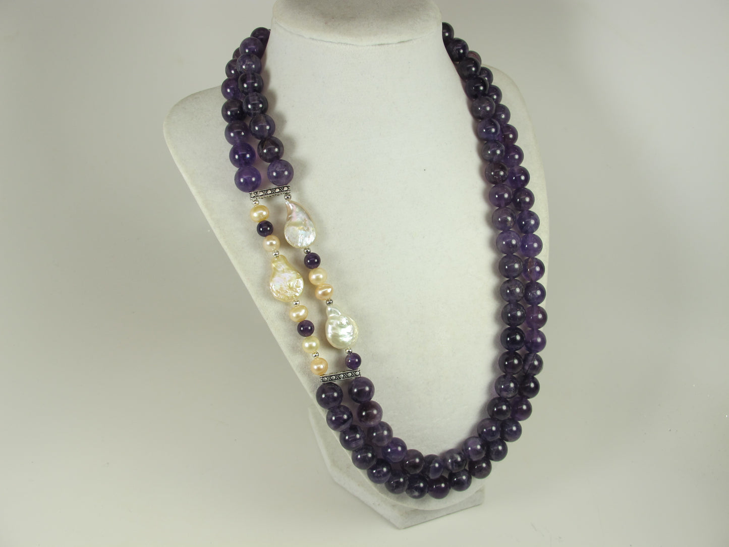 Chunky amethyst and baroque pearl statement necklace, multi strand statement purple necklace, beaded necklace, big violet beads, amethyst statement jewelry