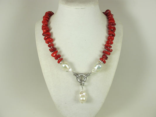 Chunky red coral necklace, coral and baroque pearl necklace, statement red necklace, baroque Pearl Necklace-Coral Jewelry-Gorgeous red coral baroque pearls