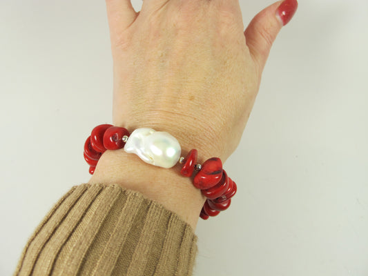 Chunky red coral bracelet, red coral statement bracelet, statement red and gold bracelet, Coral red necklace - Coral Jewelry