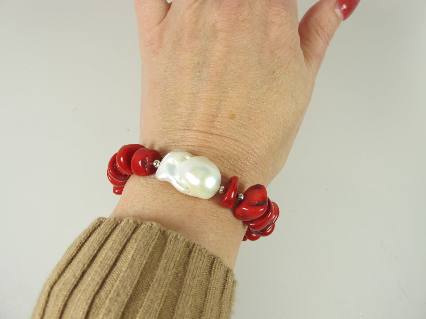Chunky red coral bracelet, red coral statement bracelet, statement red and gold bracelet, Coral red necklace - Coral Jewelry
