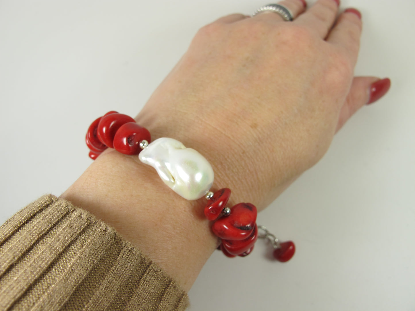 Chunky red coral bracelet, red coral statement bracelet, statement red and gold bracelet, Coral red necklace - Coral Jewelry
