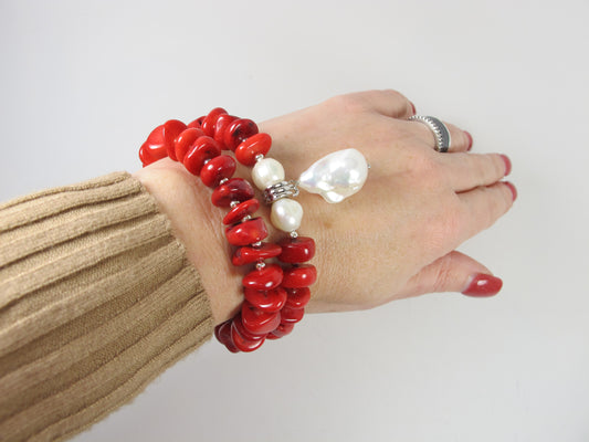 Chunky red coral bracelets, red coral statement bracelets, statement red and gold bracelet, Coral red necklace - Coral Jewelry