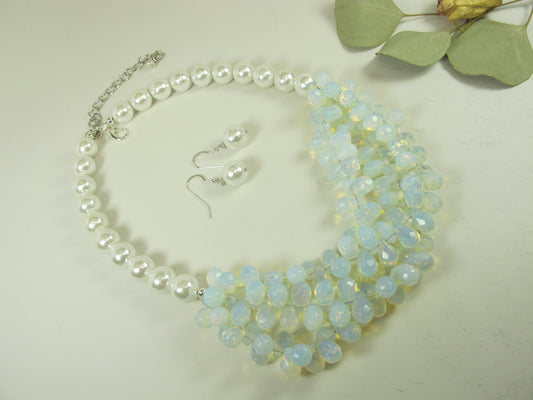 Chunky shell pearls and opalite necklace, white opal and white pearl necklace, statement white pearl opal necklace, baroque Pearl Necklace
