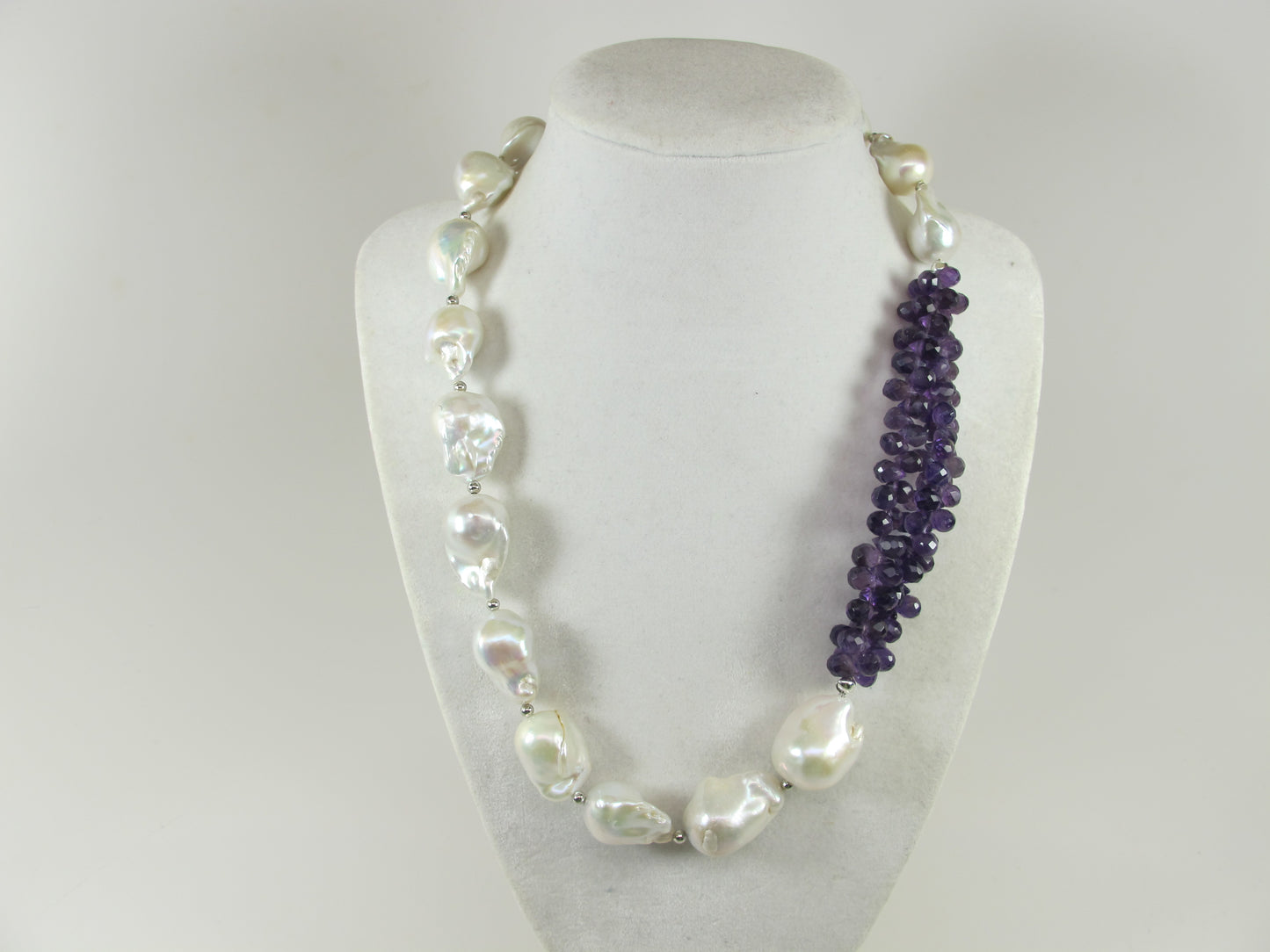Genuine amethyst pearl necklace, statement white pearl necklace, chunky white and purple baroque pearl jewelry, freshwater white pearl