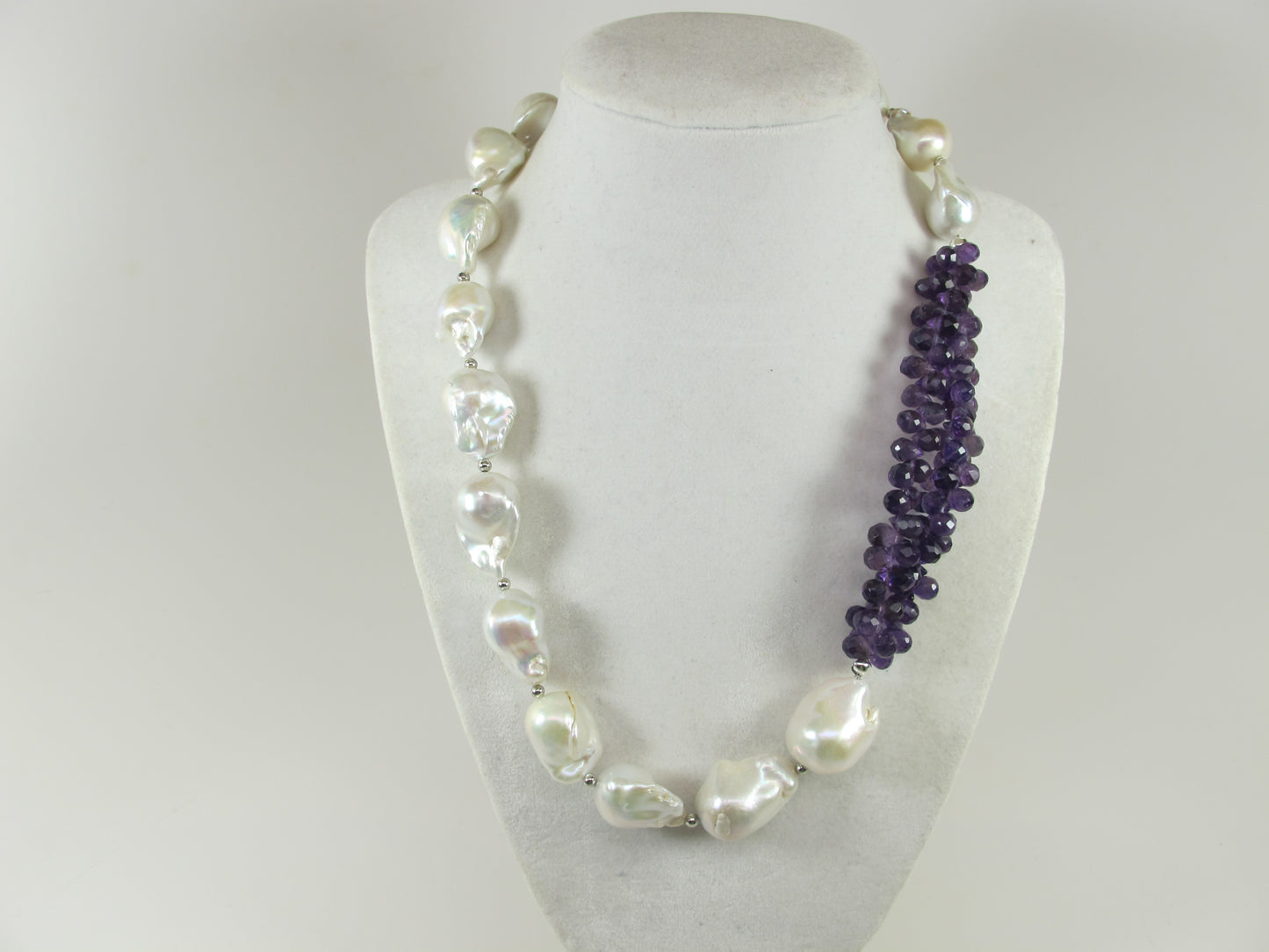 Genuine amethyst pearl necklace, statement white pearl necklace, chunky white and purple baroque pearl jewelry, freshwater white pearl