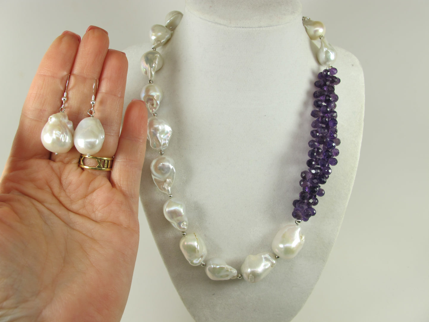 Genuine amethyst pearl necklace, statement white pearl necklace, chunky white and purple baroque pearl jewelry, freshwater white pearl