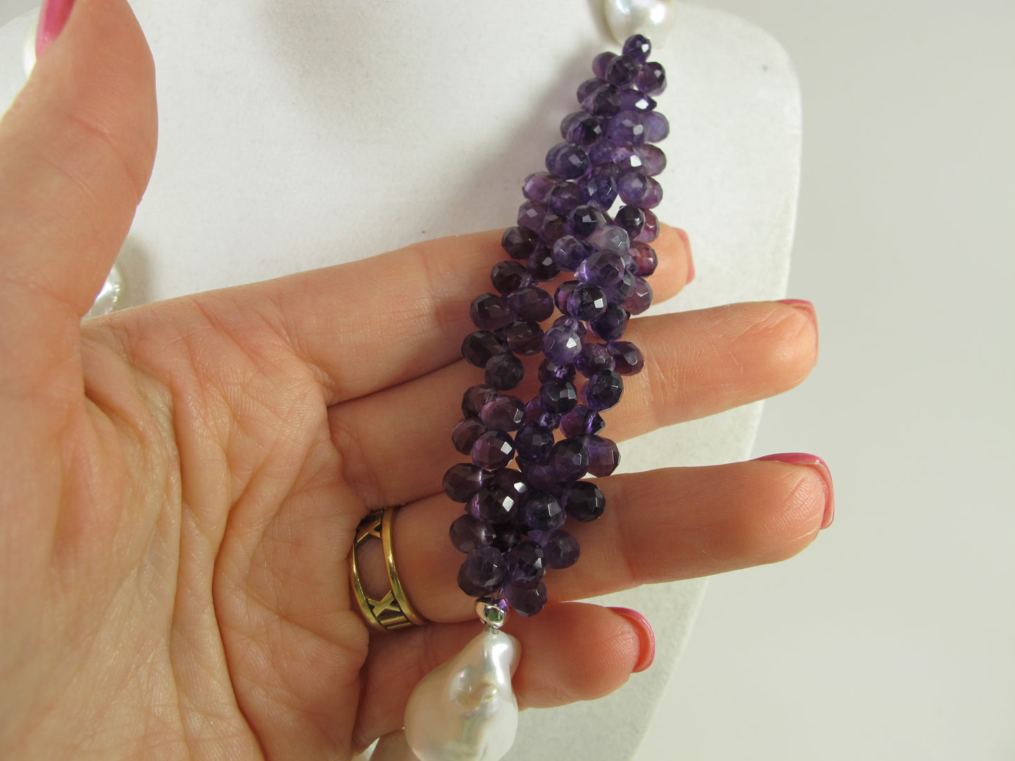 Genuine amethyst pearl necklace, statement white pearl necklace, chunky white and purple baroque pearl jewelry, freshwater white pearl