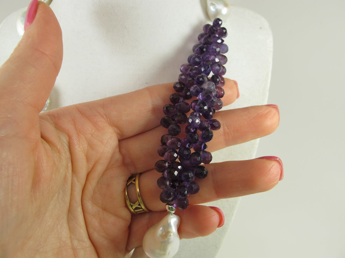 Genuine amethyst pearl necklace, statement white pearl necklace, chunky white and purple baroque pearl jewelry, freshwater white pearl